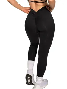 High Waisted V-Back Scrunch Butt Yoga Leggings Soft Ribbed Fabric Tummy Control Gym Workout Pants - Fit