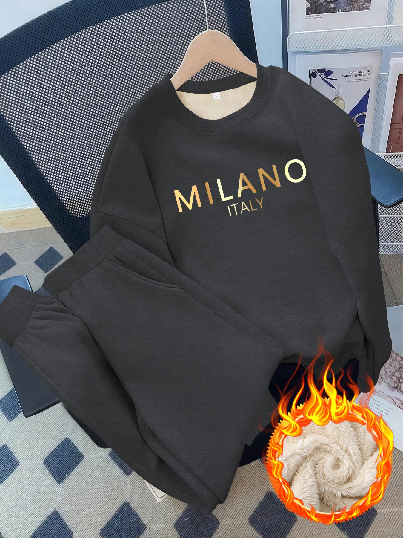 Women's Casual Sweatshirt Set, Milano Italy Gradient Letter Print, Round Neck Pullover & Sweatpants, Fall Winter Thick Fabric
