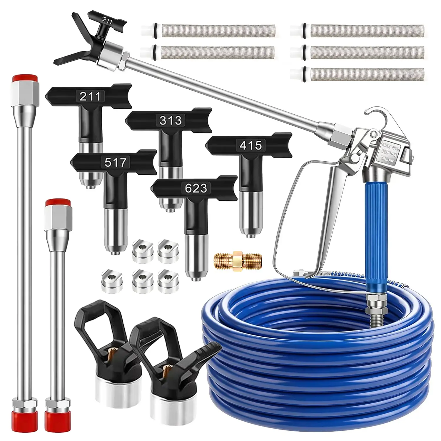 JVGBRB 17Pcs Airless Paint Sprayer Gun Full Kit for DIY - 3600PSI Airless Gun with 32Ft High Pressure Hose, 5Pcs Reversible Tips, 2Pcs Extension Rod, 5Pcs Filters, 2Pcs Nozzle Seat, 1Pcs 1/4 inch double-ended male thread nipple