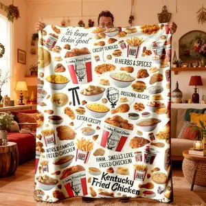 Soft Flannel Blanket with Kfc Food Print, Lightweight and Warm, Ideal for Bedroom, Holiday Decor, All Seasons, Bed, Sofa, Office, Camping, Travel