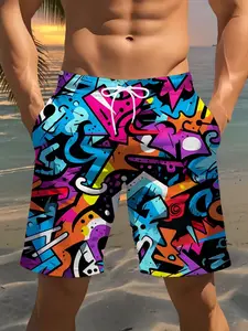 Men's Fashion Print Beach Shorts, Swimming, 3D Pattern, Casual Polyester Drawstring Waist, Summer Lightweight Comfort, Sporty Fit