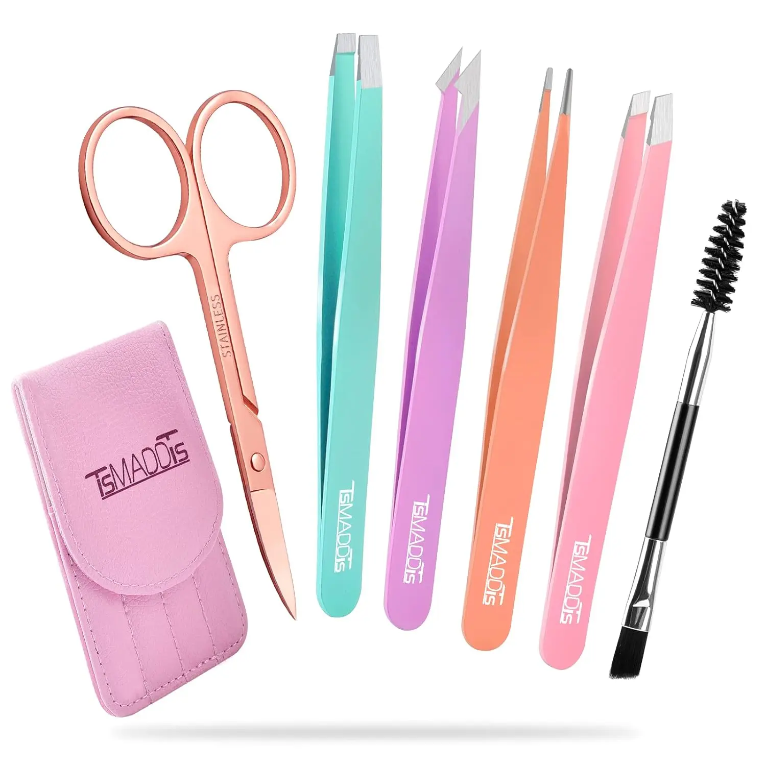 Eyebrow Tweezer Set, TsMADDTs 6PCS Tweezers Set for Women, Precision Tweezer for Eyebrows with Curved Scissor for Ingrown Hair, Hair Plucking Daily Beauty Tools (Pink&Purple)