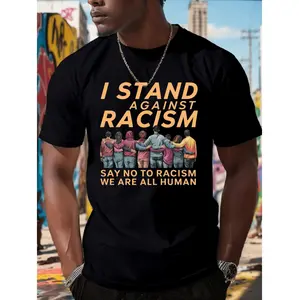 Men's "I Stand Against Racism" Graphic Tee - Casual Polyester Short Sleeve T-Shirt, Unity & Strength Design, Machine Washable for Summer