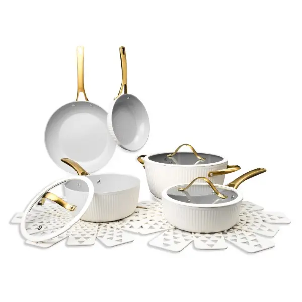 12-Piece Ceramic Nonstick Cookware Set, Aluminum Pots and Pans with Induction Base, White & Gold