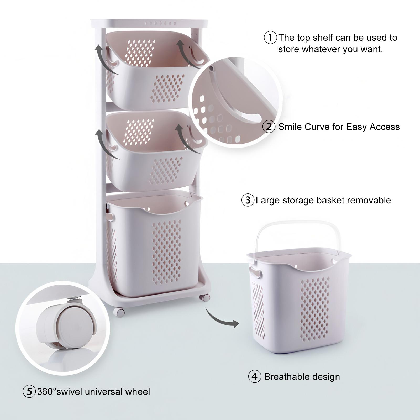 4-Tier Rolling Laundry Hamper Sorter, White Home Organizer Storage Cart with Removable Baskets and Wheels for Dirty Clothes Organization