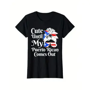 Puerto Rican Pride Girls' T-Shirt - "Cute Until My Puerto Rican Comes Out" Graphic, Black Cotton Tee with Puerto Rico Flag Design, Casual Short Sleeve Round Neck, Machine Washable, Puerto Rico Shirt