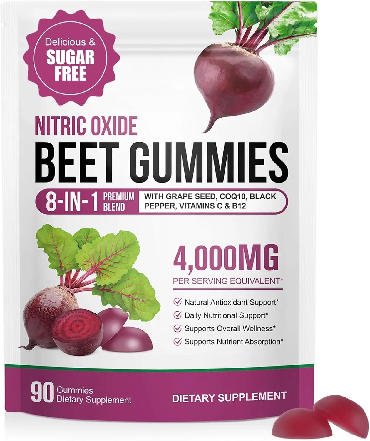 Super Beetroot Gummies 8 in 1 Beet Root 4000mg with Grape Seed Extract and CoQ10 Sugar Free 90 Count Daily Heart Health Energy Booster and Antioxidant Support Vegan Supplement Circulation and Vitality Wellness Formula