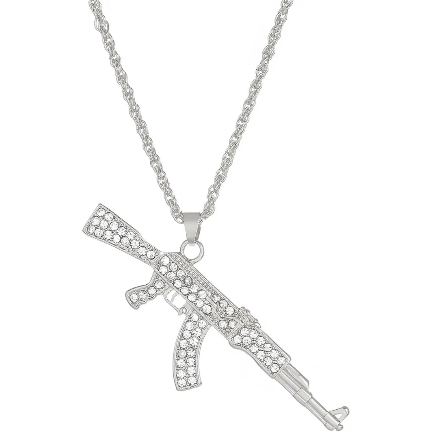 Gun Necklace for Men Women Titanium steel Full drill CZ Machine Gun Charm Pendants Silver and Gold Plated Hip hop Submachine Gun Pendant Necklaces Rifle Shape Army Style Gun Pendent Necklace Fashion Boy Men's Jewelry