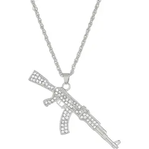 Gun Necklace for Men Women Titanium steel Full drill CZ Machine Gun Charm Pendants Silver and Gold Plated Hip hop Submachine Gun Pendant Necklaces Rifle Shape Army Style Gun Pendent Necklace Fashion Boy Men's Jewelry