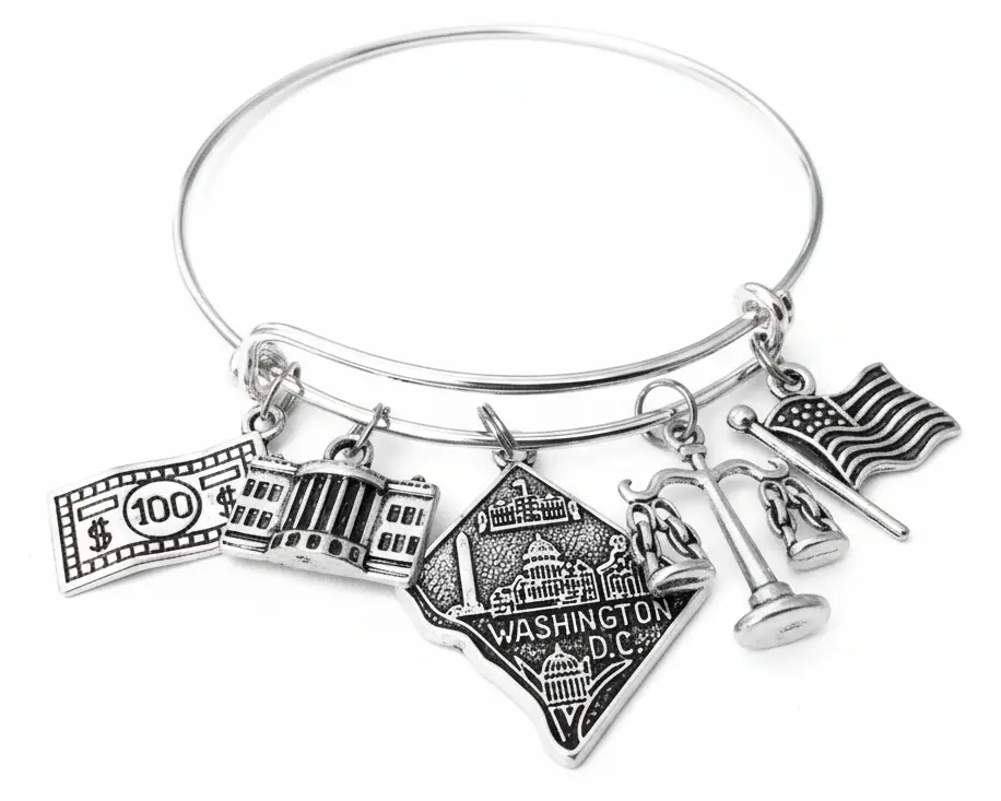 Washington D.C. Charm Bracelet – Adjustable Silver Bangle with USA Flag, White House, Scales of Justice & Souvenir Charms