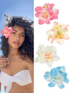 4pcs-1set-Hawaiian-Flower-Hair-Clips-Women-Artificial-Tropical-Flower-Hibiscus-Hair-Claws-For-Beach-Holiday-Party-Boho-Style-Fashion-Elegant-Minimalist-Solid-Color-Suitable-For-Daily-Casual-Party-Commute-Vacation-Bun-Ponytail-Face-Washing-Makeup-Outfit