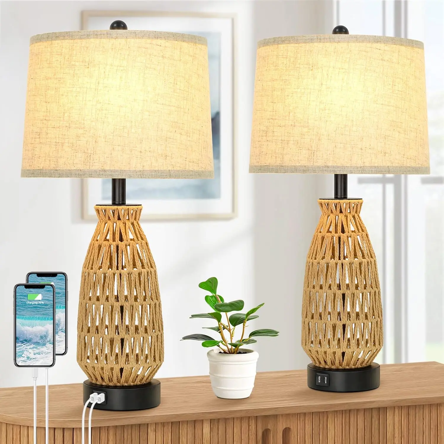 MATULSA 2-Piece Rattan Weave Atmospheric Country Decorated Table Lamp Set, 26-in Tall Coastal-Farmhouse Style, Cream Fabric Shade, 2 USB Charging Ports, Rotary Switch for Living Room, Bedroom Nightstand, Atmospheric Table Lamps, Country Table Lamps