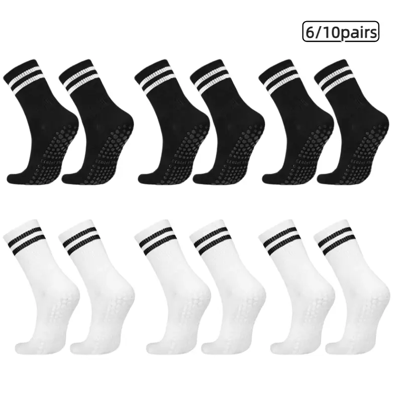 Women's Striped Non Slip Yoga Socks, Breathable Cotton Pilates Grip Socks with Silicone Bottom, Athletic Crew Socks for Barre Gym Home Workout