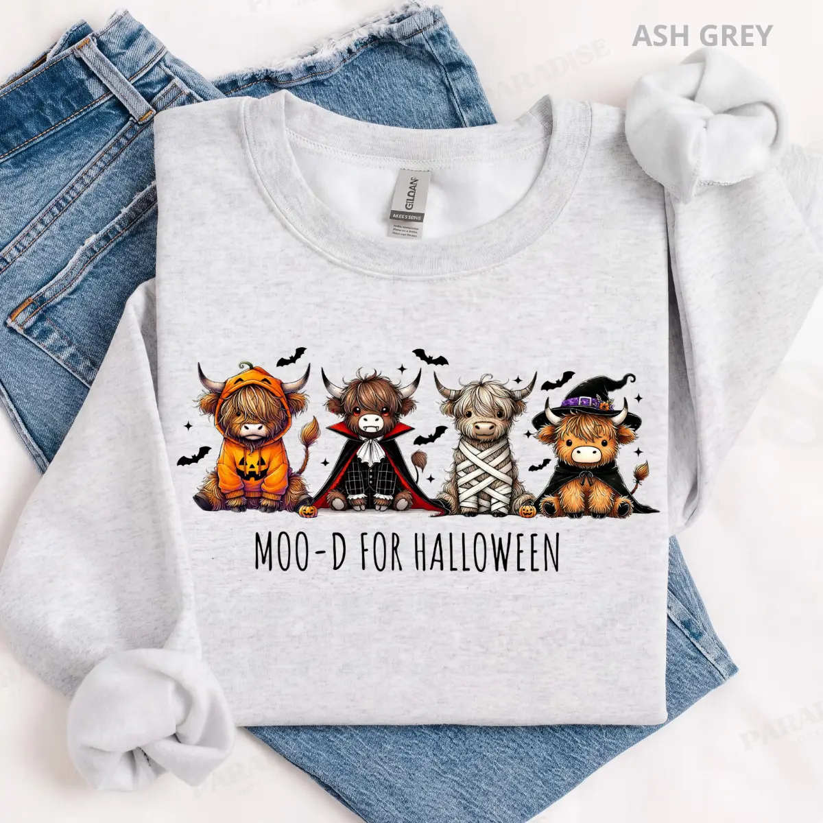 Halloween Highland Cow Sweatshirt, Moo-d For Halloween Funny Cow Graphic Pullover, Pumpkin Vampire Mummy Witch Cow, Spooky Farm Animal Apparel