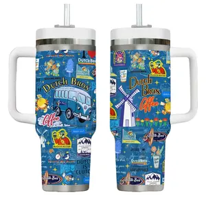 Dutch Bros Coffee Inspired 40oz Tumbler with Handle, Iced Coffee Lover Travel Mug, Trendy Drive Thru Drinks Cup, Cute Barista Style Gift, Stainless Steel Insulated Tumbler, Reusable Hot Cold Drinkware