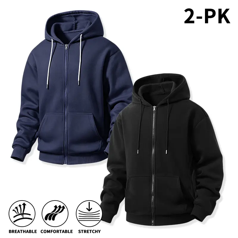 Men’s 2-pack full-zip fleece hoodies — breathable, stretchy, drawstring, pocketed, loose hooded sweatshirt jackets; soft, comfortable athletic tops for everyday casual outfits Oversized Gradient