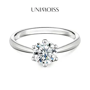 UniMoiss 1-2ct Round VVS Moissanite Classic Six-Prong Women Ring Costume Jewelry Accessories Perfect Gifts for Engagement Wedding Anniversary