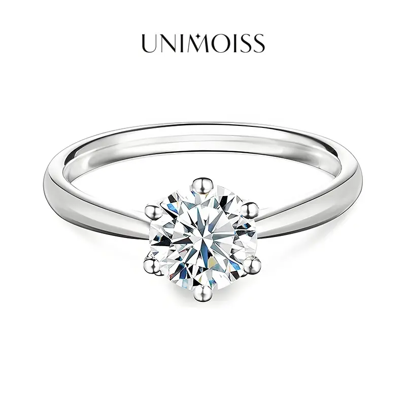 UniMoiss 1-2ct Round VVS Moissanite Classic Six-Prong Women Ring Costume Jewelry Accessories Perfect Gifts for Engagement Wedding Anniversary