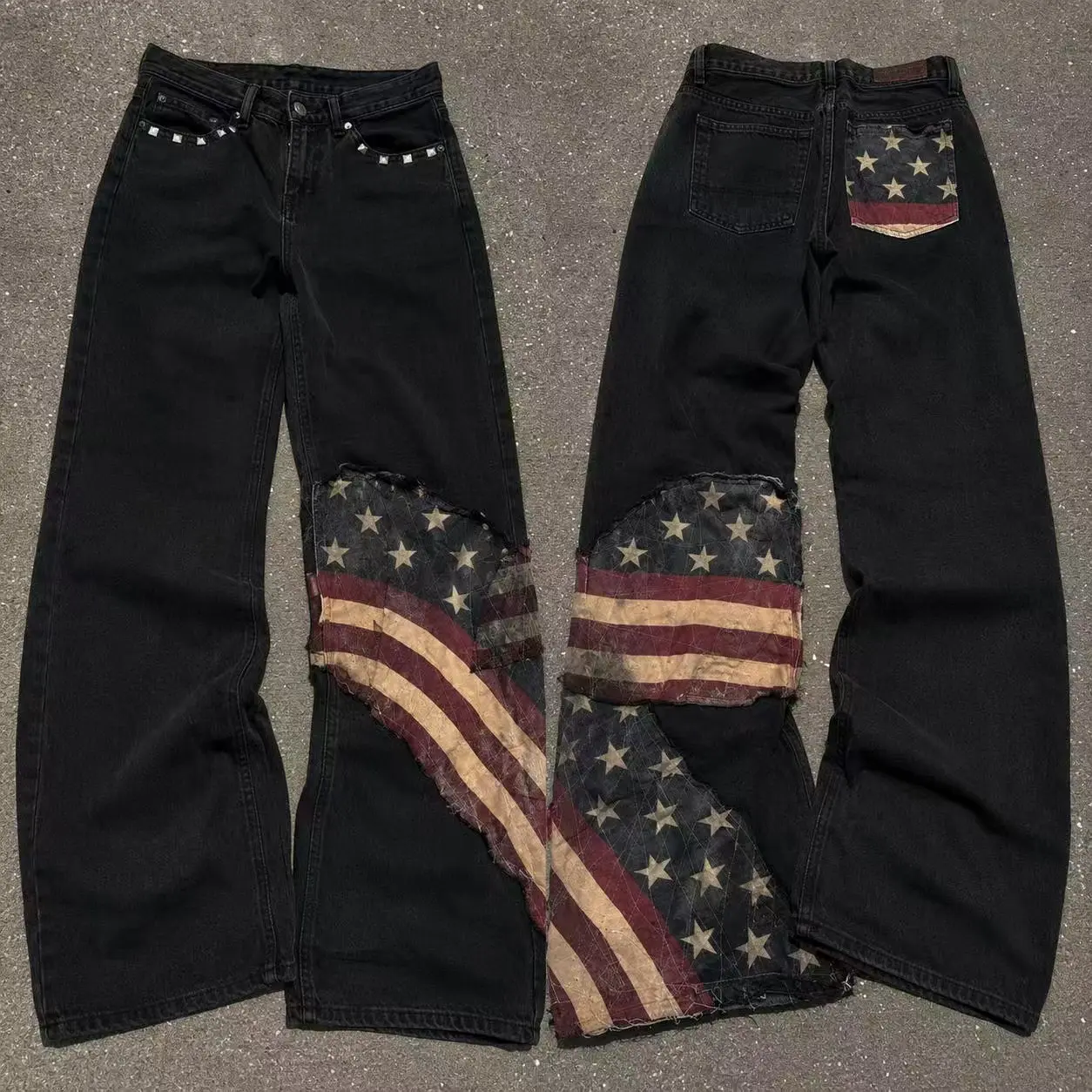 Men’s flag patchwork flare jeans, stud-decorated denim pants, vintage distressed raw-edge streetwear denim trousers