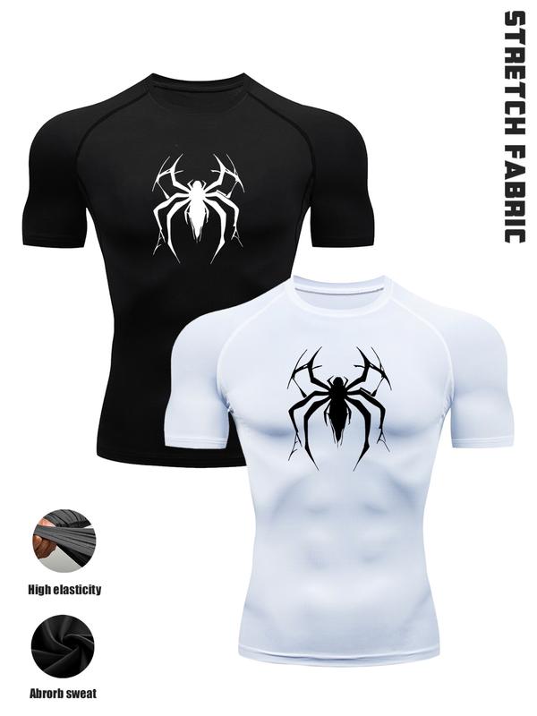 Men’s 2 Pack Gothic Workout T-Shirts, Cool Print Design, Stretch Fit Compression Shirts for Intense Training, Polyester Blend, Black White Set, Ideal for Gym, Strength Training, Streetwear & Casual Wear