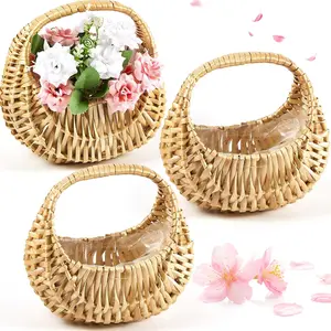 3 Pack Half Moon Rattan Straw Wicker Flower Girl Basket With Handle 6.7" x 6.5" x 4.3" Nature, Ideal for Wedding Flower Girl, Picnic, Garden Storage and Home Decor