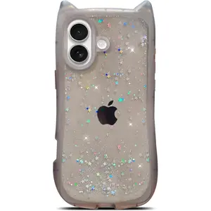 for iPhone 16 Case 6.1" Bling Glitter Sparkle Star Shiny Clear Transparent Cute Kawaii 3D Cat Ear Soft Silicone Shockproof Protective Arc Edge Aesthetic Cover for Women (Black)