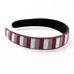 Game Day Striped Beaded Headband Maroon + White