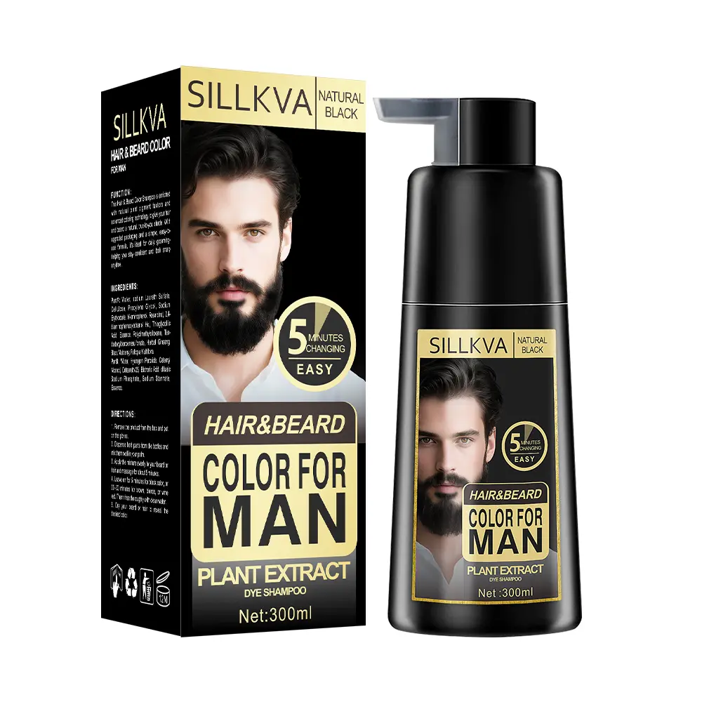 SILLKVA Men's Hair & Beard Color Shampoo Natural Black Plant Extract Formula 5-Min Easy Dye 300ml Gentle Long-Lasting No Ammonia