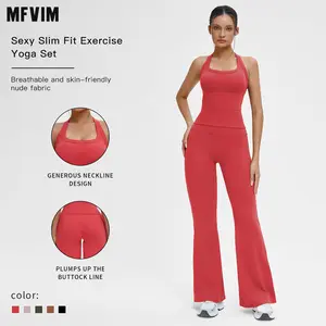 MFVIM Sporty Two-Piece Set Women’s Plain Crop Cami Top & Flare Leg Pants Sports Set, Sporty Casual Comfy Breathable Two-Piece Outfits for Yoga, Gym, Workout, Running, Gym Workout Clothes