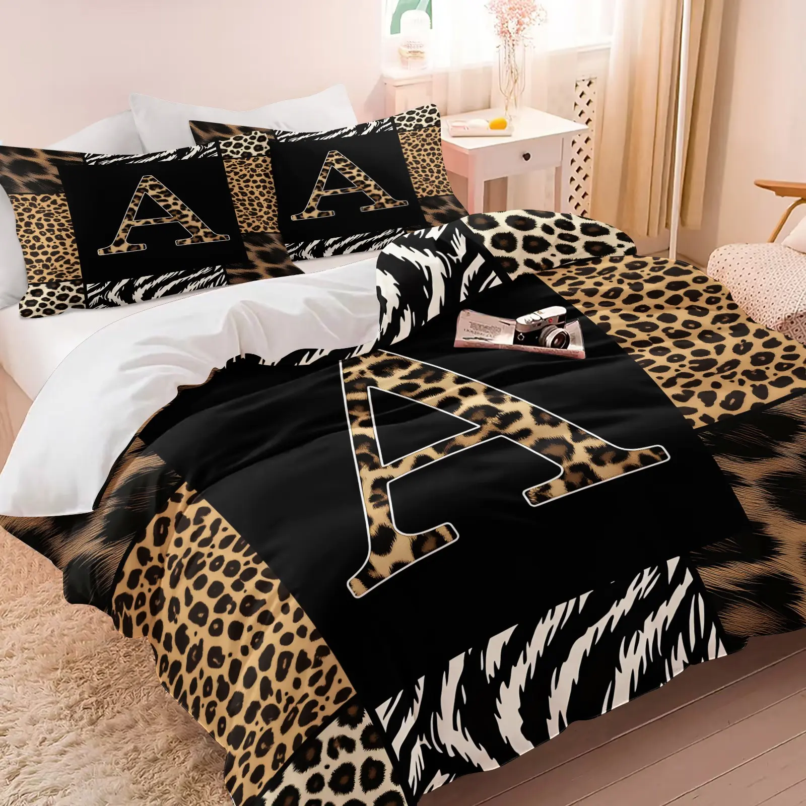 2/3Pcs Leopard Letter A-Z Duvet Cover Set, Wild Animal Zebra Cheetah Black Brown Grid Printed Theme Bedding Set with Pillowcases, No Filler, Soft Microfiber for Adults Bedroom Dorm Decor, Great Gift for Safari Lovers Bed Sets