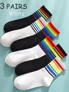 2 Pairs Rainbow Color Knee High Socks, Sports Socks, Trendy Striped Sport Casual Style, Couple Socks, Unisex All Seasons