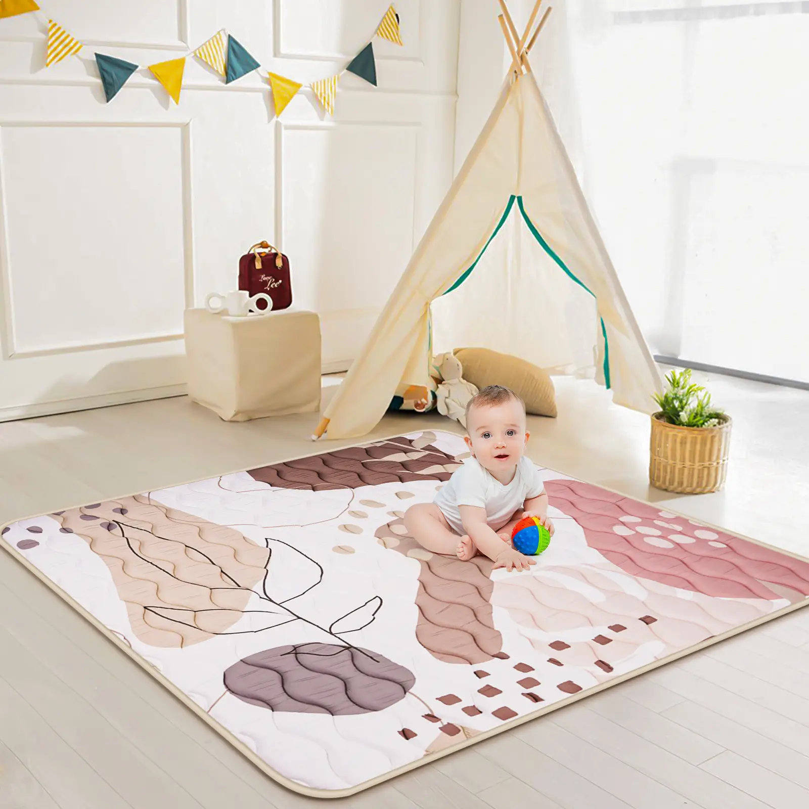 Baby Play Mat 50" x 50" - Thicken Soft Padding Playpen Mat Rug - Non Slip Baby Crawling Mat Foldable, Machine Wash, Brown Zone