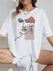 Loose Plus Size [Circle]Face Line And Color Block Pattern Print Summer Women's Loose Fit Oversized T-Shirt