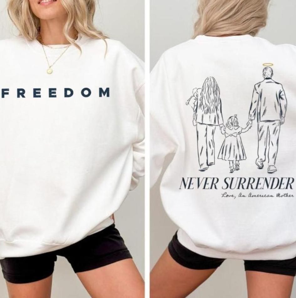 Erika Kirk Never Surrender Sweatshirt, A Strong American Mother, Charlie Kirk, Freedom Tee, Republican USA, Justice, Republican, Christian, Gift For Men & Women