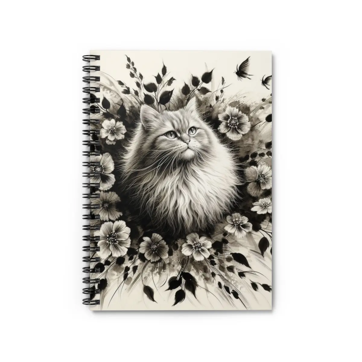 B&W Fluffy Cat with flowers Spiral Notebook - Ruled Line