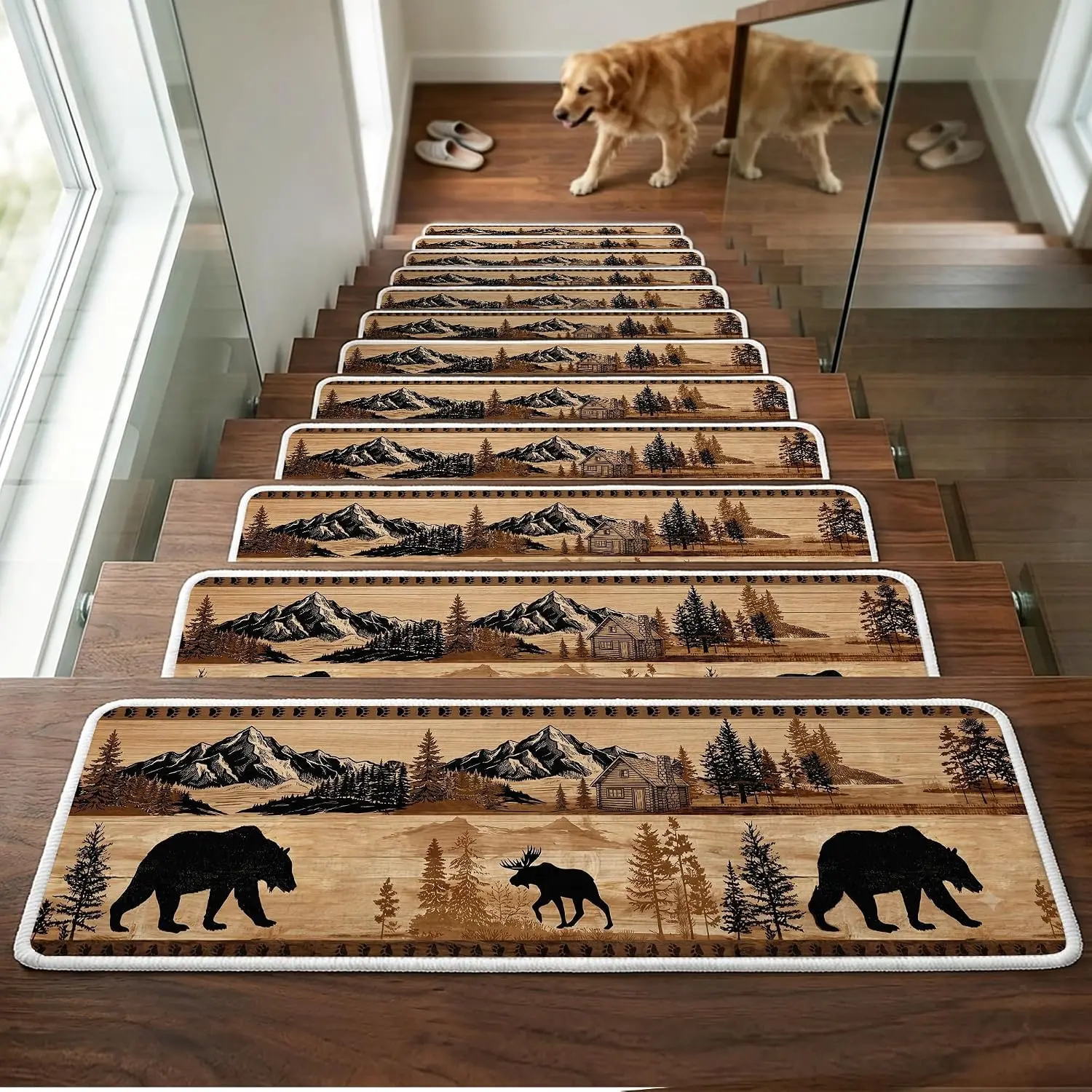 15 Pack Carpet Stair Treads for Wooden Steps, Non-Slip Boho Mandala Stair Mats, Colorful Floral Indoor Stair Runner Rugs for Kids, Elders and Pets (Cabin Bear)