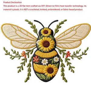 1pc/2pcs/3pcs 2D Flat Faux Yarn Crochet Spring Sunflower Bee DIY Clothing Patch DTF Transfer Film Washable Heat Transfer Printing for Women/men Clothing,T-shirts, Backpacks, Decorations, Labels, Badges, Vintage Baseball Caps