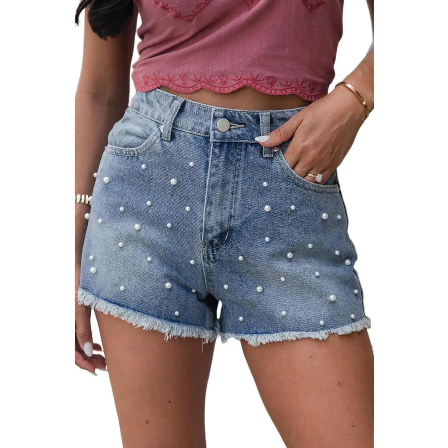 Women's Dusk Blue Solid Jean Shorts - Pearl Beaded, Raw Hem, Medium Wash, Casual Fit Women's Bottoms, Comfortable, Beads, High Waist, Denim Fabric, Fashion, Pearls