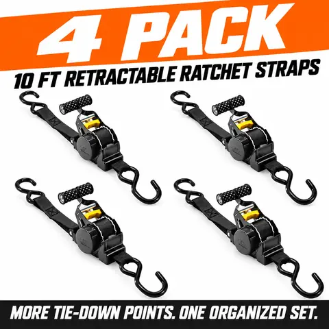Heavy Duty Retractable Ratchet Straps Vehicle Accessory (2/4 Pack, 1"x10 ft), 10 ft Cargo Securers  for Convenient Carrying, 1500LB Hold for ATV Neatly Organized Needs