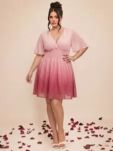 Curvy Girl High Waist Pink Ombre Skater Dress,Flowy Lightweight Chiffon Flutter Sleeve Prom Dress,Plus Size Womenswear Gradient Formal Gown for Wedding Guest