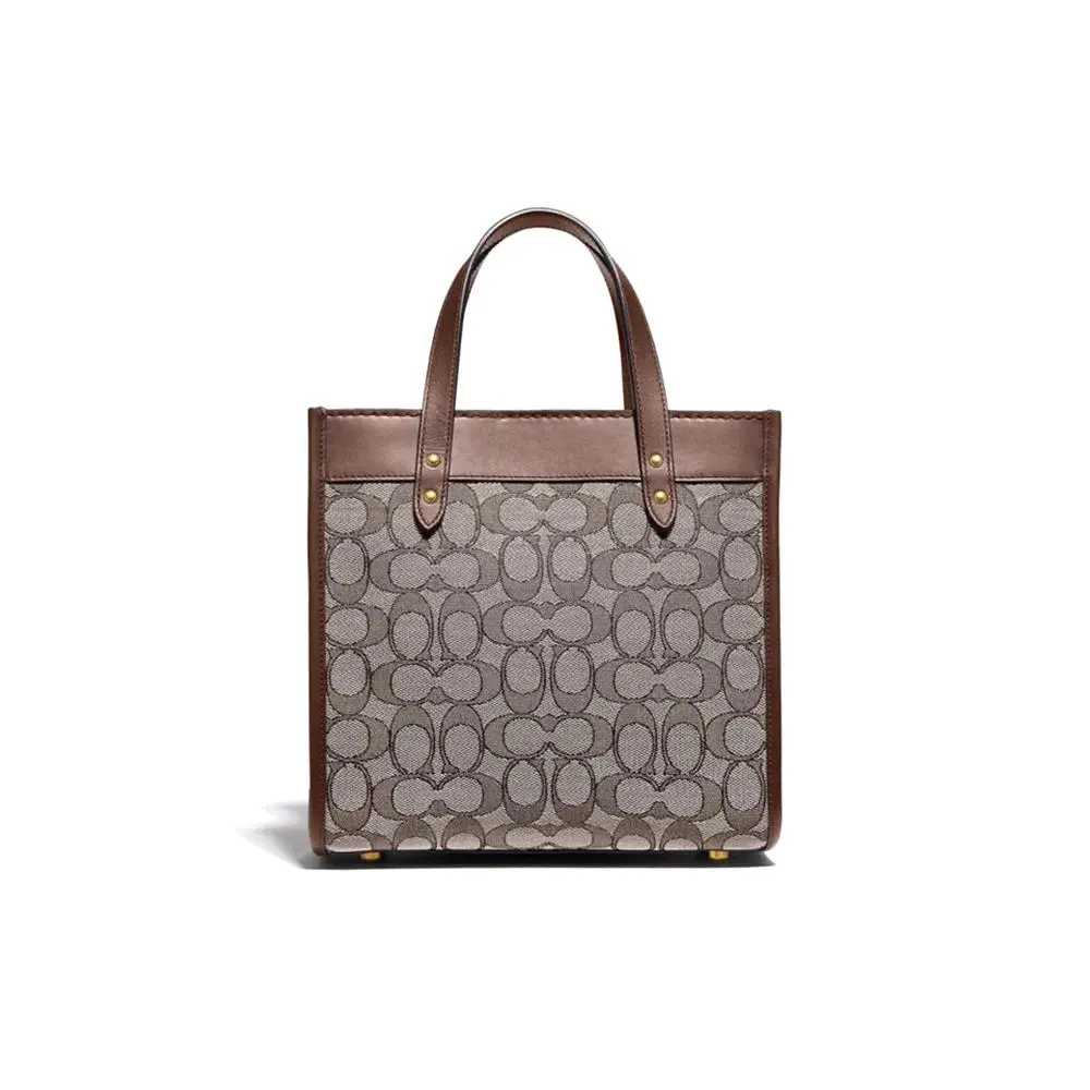 Coach Field 22 Classic Monogram Jacquard and Leather Commuter Tote Bag for Women, Small Size, Brown