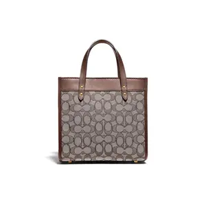 Coach Field 22 Classic Monogram Jacquard and Leather Commuter Tote Bag for Women, Small Size, Brown
