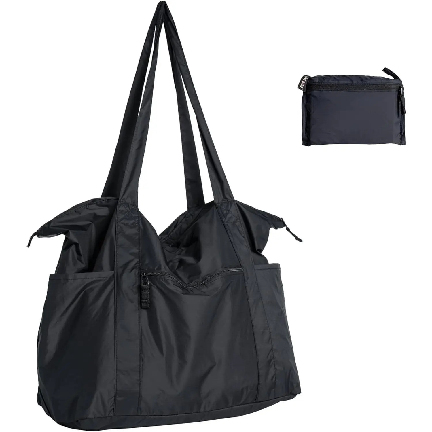 Foldable Lightweight Tote Bag Nylon for Travel Duffel,Polyester Packable Totes with Zipper, 23-28L Collapsible Compact Large for Women and Men,Black