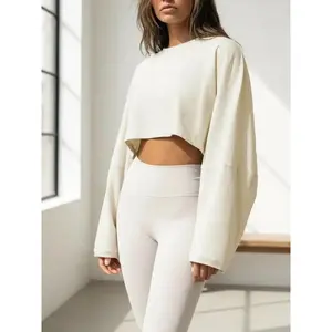 Women's flat sleeved crop top sweatshirt, autumn street casual off shoulder round neck pullover, women's daily clothingRAIMENTRY