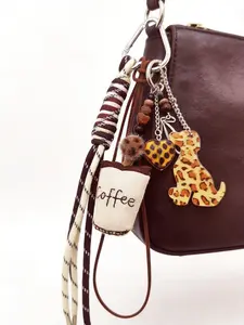 Coffee Brown Leopard Print Cute Key Bag Charm, Fashion Bag Charms, Vintage And Artsy Sweet-Cool Style, Decorated With Coffee Cup, Heart, And Glasses Tassel Strap, Suitable For Key Storage, Bag Accessory, Perfect For Daily Commuting And Dates