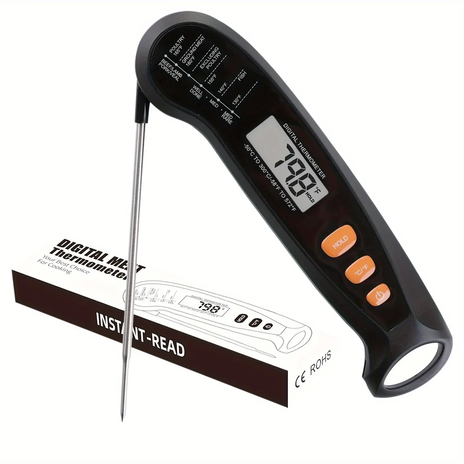 Black Instant Read Digital Meat Thermometer with Metal Probe, Fast-reading BBQ Cooking Tool, °C/°F Scale, Digital Display, Food-safe, Durable Ergonomic Design, Battery Included, Ideal for Grill & Kitchen Home Cooks summerwins,summerwins