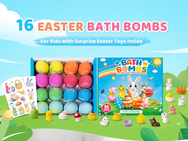 Bath Bombs for Kids, 16 Pack Easter Bath Bomb Set, Colorful Bath Fizzies for Boys & Girls, Easter Gifts