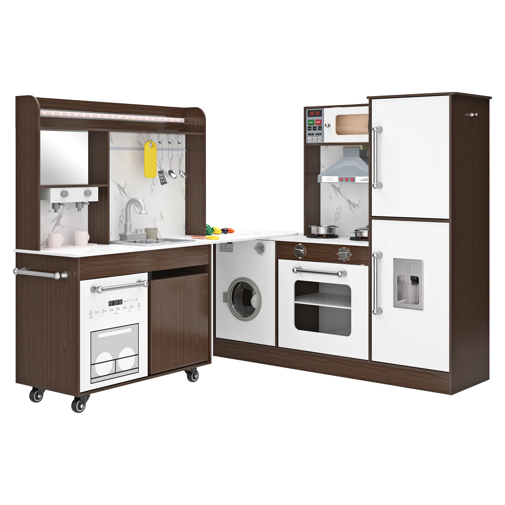 NOVAMAISON Unisex Large L-Shaped MDF Wood Corner Toddler Kitchen Playset Kit - 270° Rotatable, Rainbow Finish, Lighting, Sound Effects, Running Water Sink, Multi-Child Pretend Play Item, Ages 3+, 2 Colors Available, Family Fun,familyfun