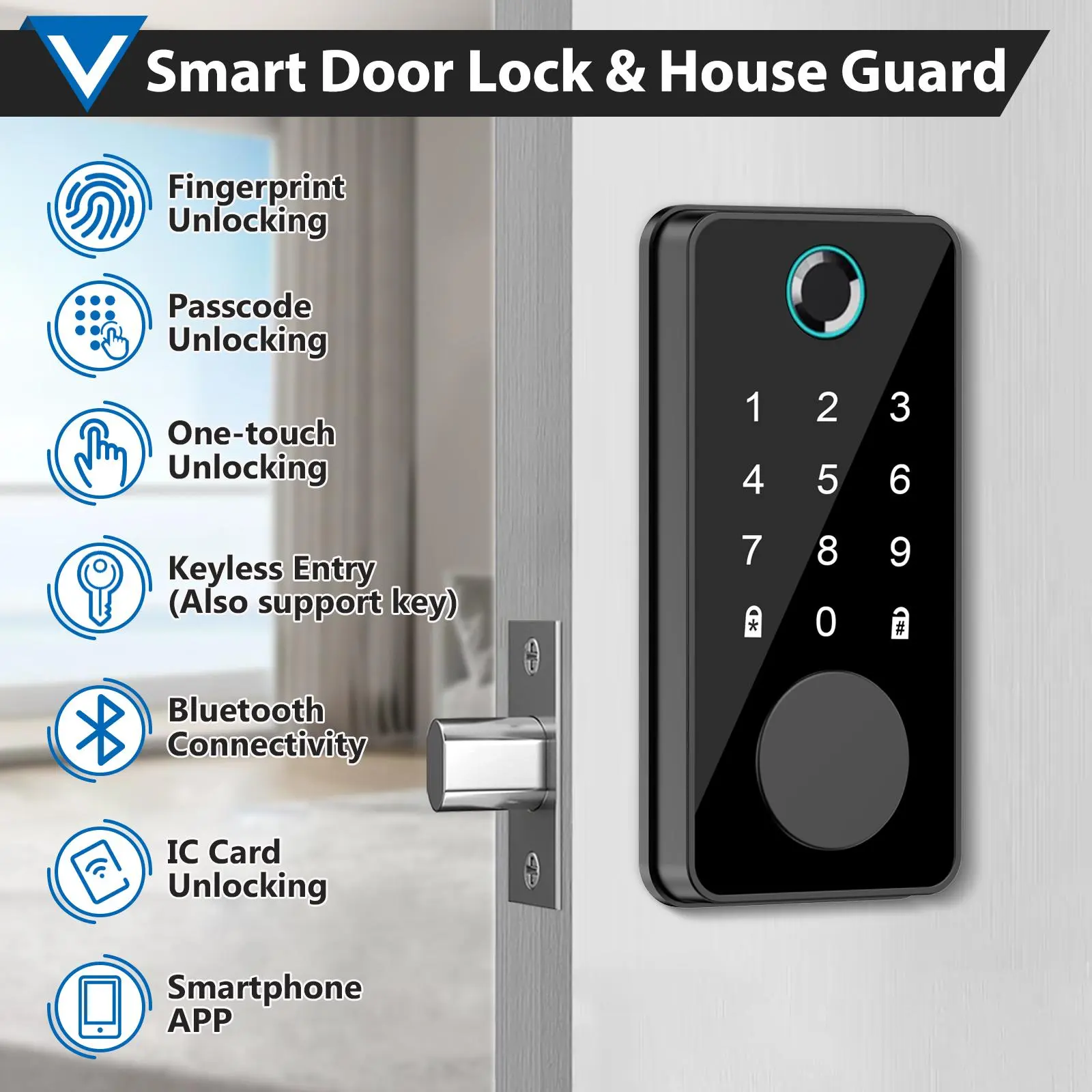Biometric Keyless Entry Electronic Door Lock, 6-in-1 Access (Fingerprint, PIN, IC Card, Physical Key, Bluetooth, App 1-Touch Unlocking) for Home and Office Security, Biometric Door Lock