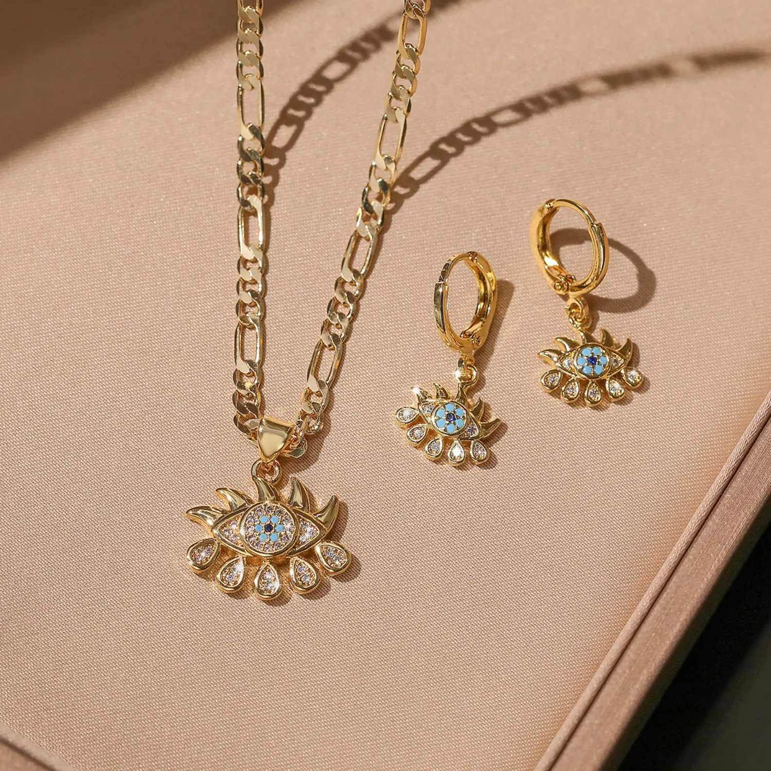 Female Fashionable Jewelry Set - Micro Pave Zircon, Evil Eye Pendant Necklace, Hoop Earrings, Alloy Sports & Outdoor Accessories, Party Gift